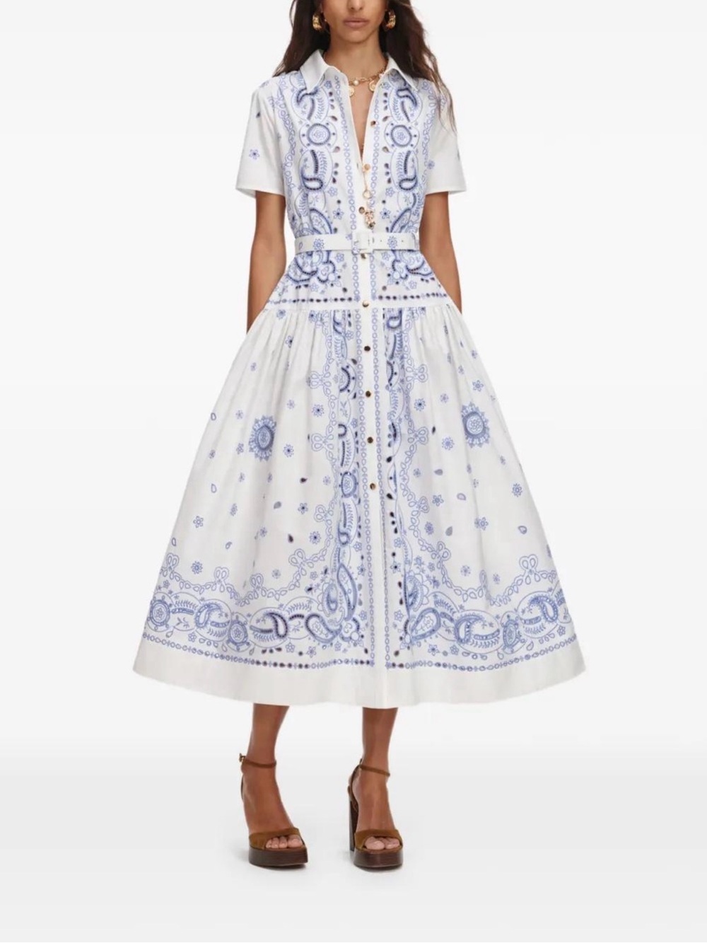 Self-Portrait Belted Embroidered Cotton Midi Shirt Dress with Blue Bandana Print